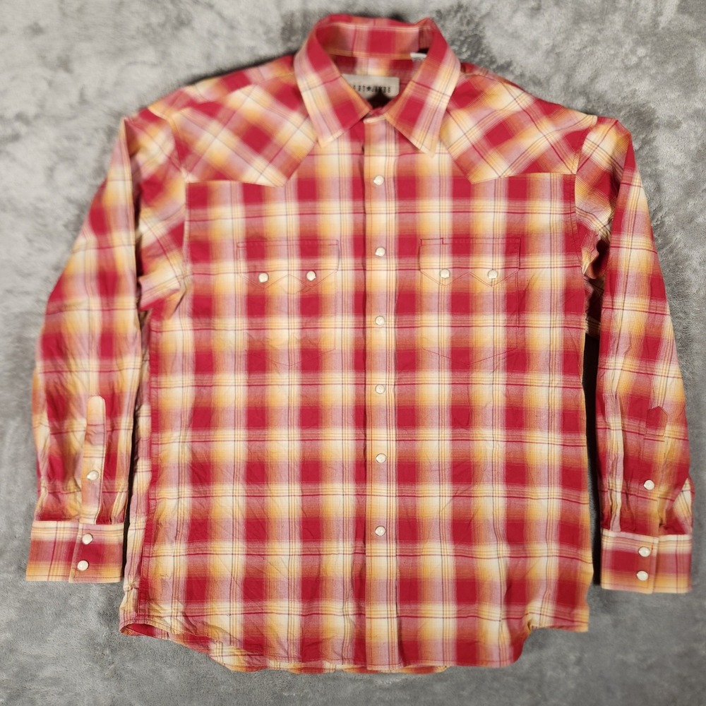 Cody James Western Shirt Mens Large Red Plaid Pearl Snap Long Sleeve Cotton HOLE